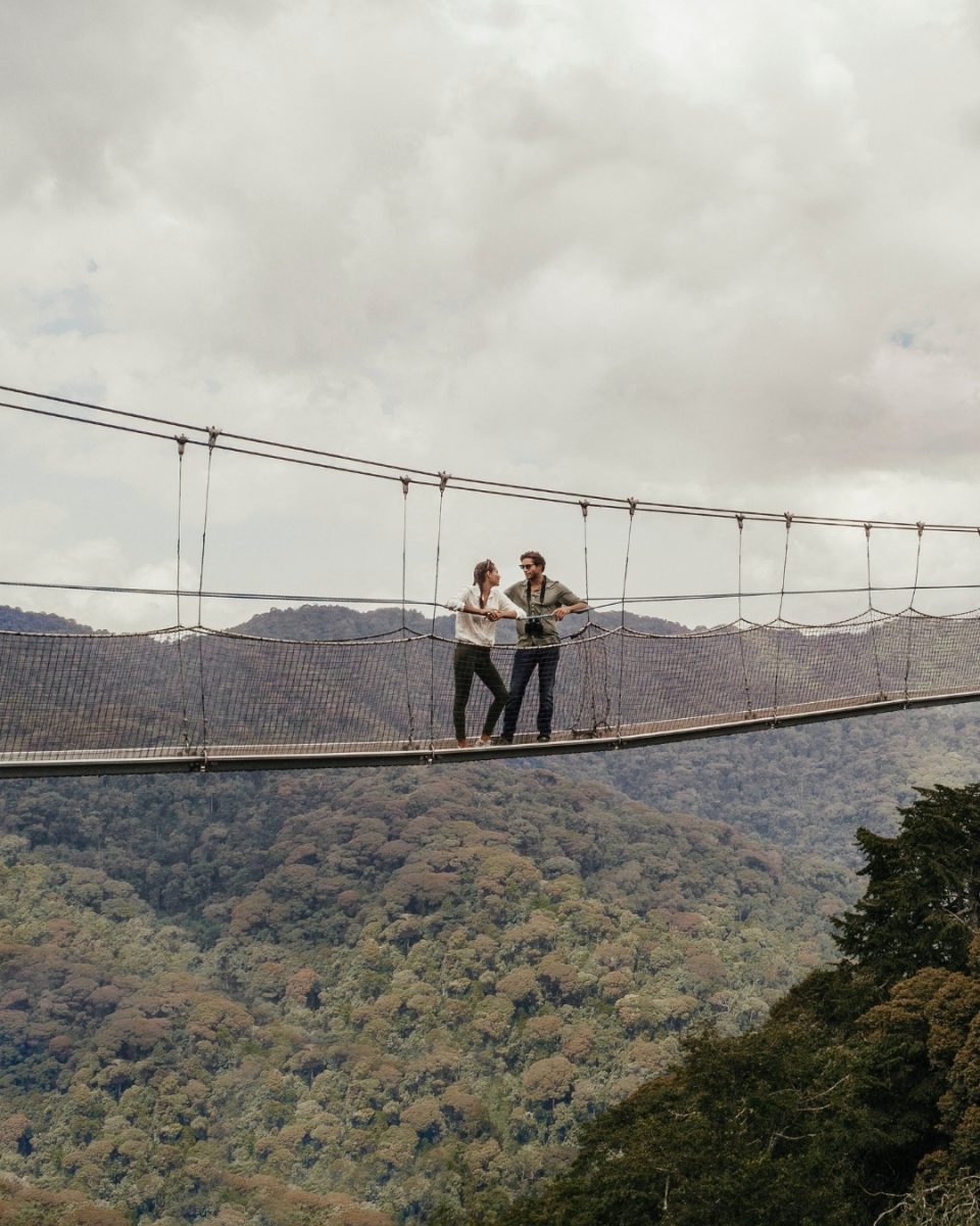 Tourists walking on the canopy walkway in Nyungwe National Park Rwanda